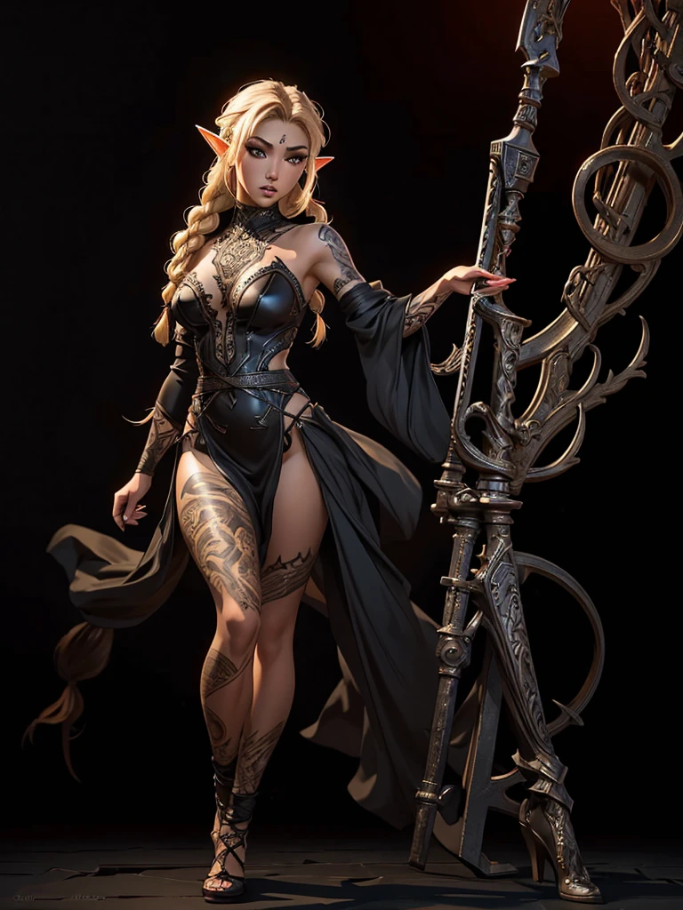 beautiful Asian elf woman, Luis royo style, extremely detailed face and body, beautiful eyes, full lips, sharp features, busty, sheer black and red leather micro dress, intricate gothic makeup, short blonde hair with braids, white gold jewelry, full body tattoos, dramatic lighting, cinematic composition, dark mysterious atmosphere, photorealistic, high quality, ultra-detailed, masterpiece