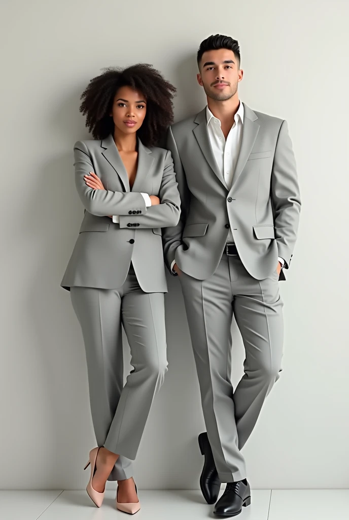 man of average height, athletic body, skin fair, short dark brown curly hair, smiling and wearing a light gray suit, leaning against a thin wall. On the other side of the wall a woman of average height, not very athletic body, skin fair, medium dark brown hair CURLY AND TIGHT, smiling and wearing a light gray men&#39;s suit, leaning. realistic styling