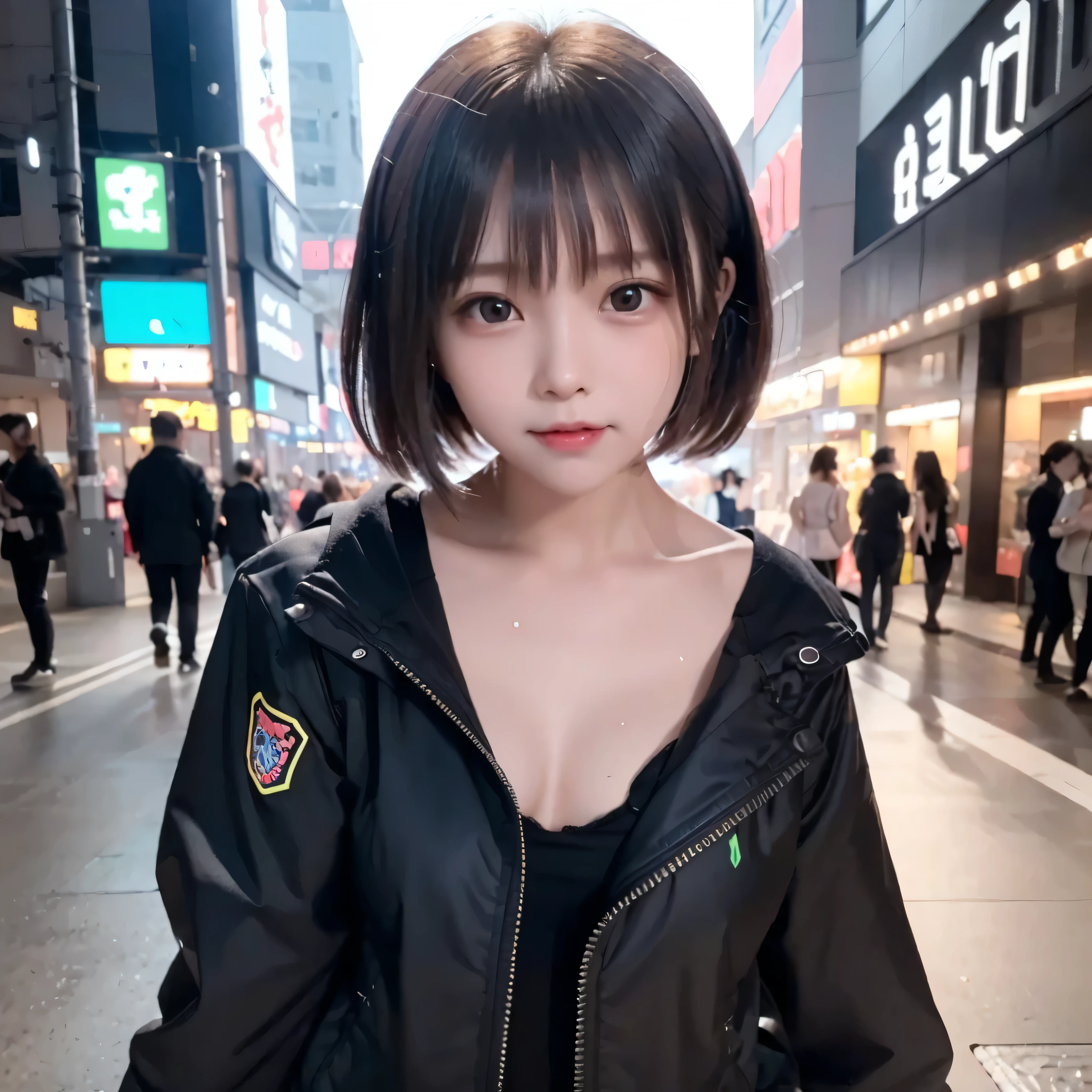 Highest quality、8k,(((Beautiful girl small breasts))),Wearing a black jacket、Cyberpunk Red Green Background、(((Upper body naked))),smile,(((Small body))),(((Cute little sister))),、、Round face,Big eyes, Round eyes、No makeup、Sweaty、Childlike face