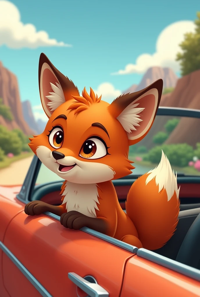 Male young fox as a cartoon character with brown eyes sits in the back of the car and the fox parents sit in the front and drive together on vacation, to see the car from the side