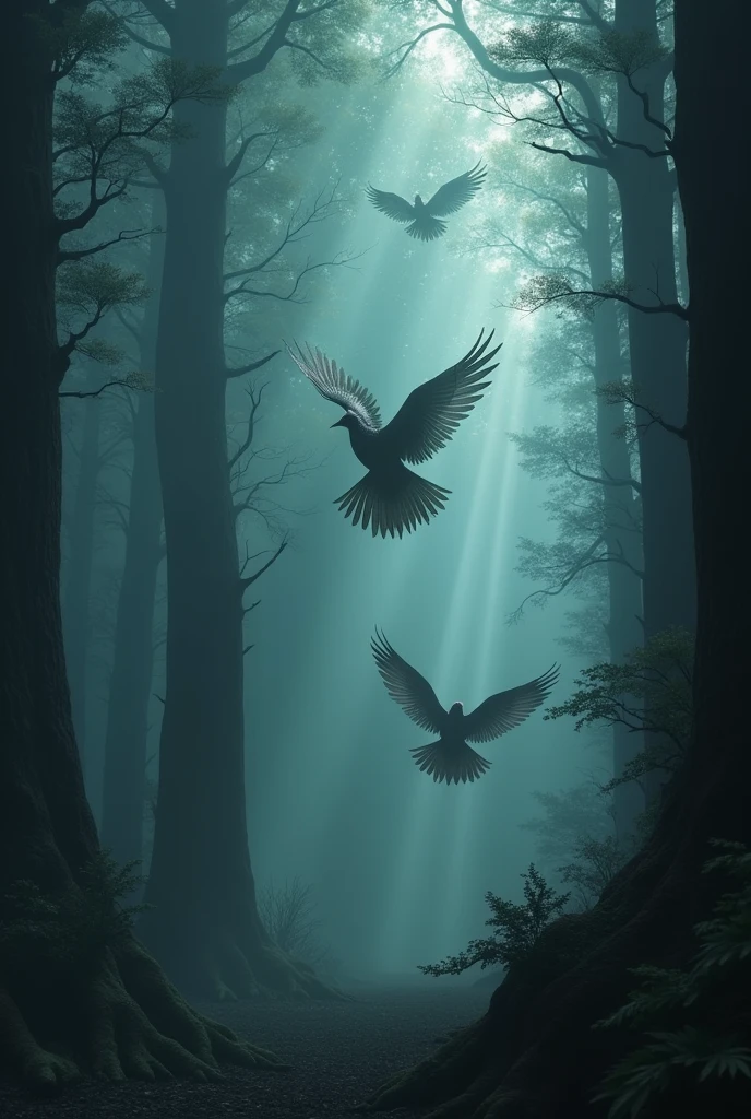 Birds in the dark and misty forest
