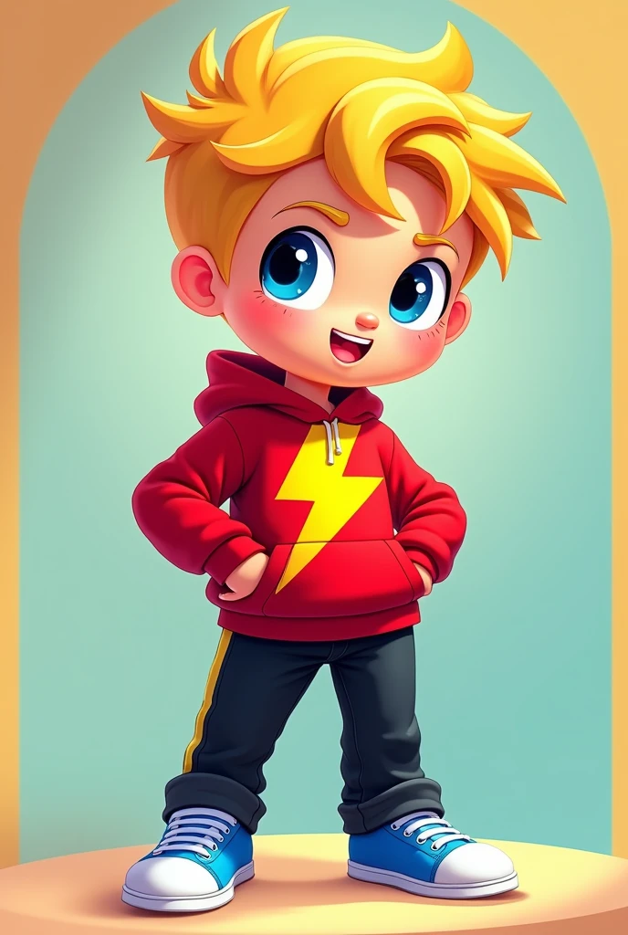 drawing  style: Keep your style simple and colorful, como os de cartoons.

body hair: blond, with a simple and slightly messy format.
eyeballs: Big and blue, expressive, perhaps with a slight glow to bring the character to life.
badass clothing: Red sweatshirt with a large yellow lightning bolt in the center of the chest. The sleeve is long, covering almost the entire length of the arms.
pants: black, with a straight and simple cut.
shoes: Blue sneakers with white accents
