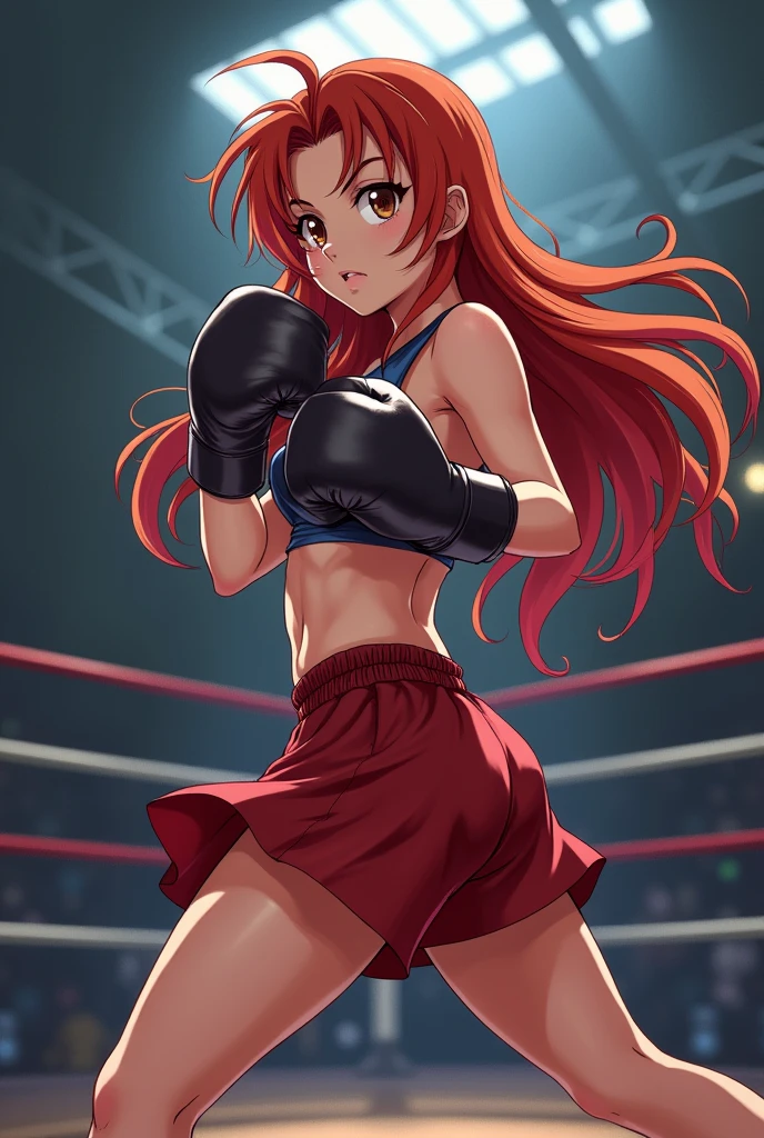 with long red hair, eyes browns, fighting kickboxing in anime version, pretty.