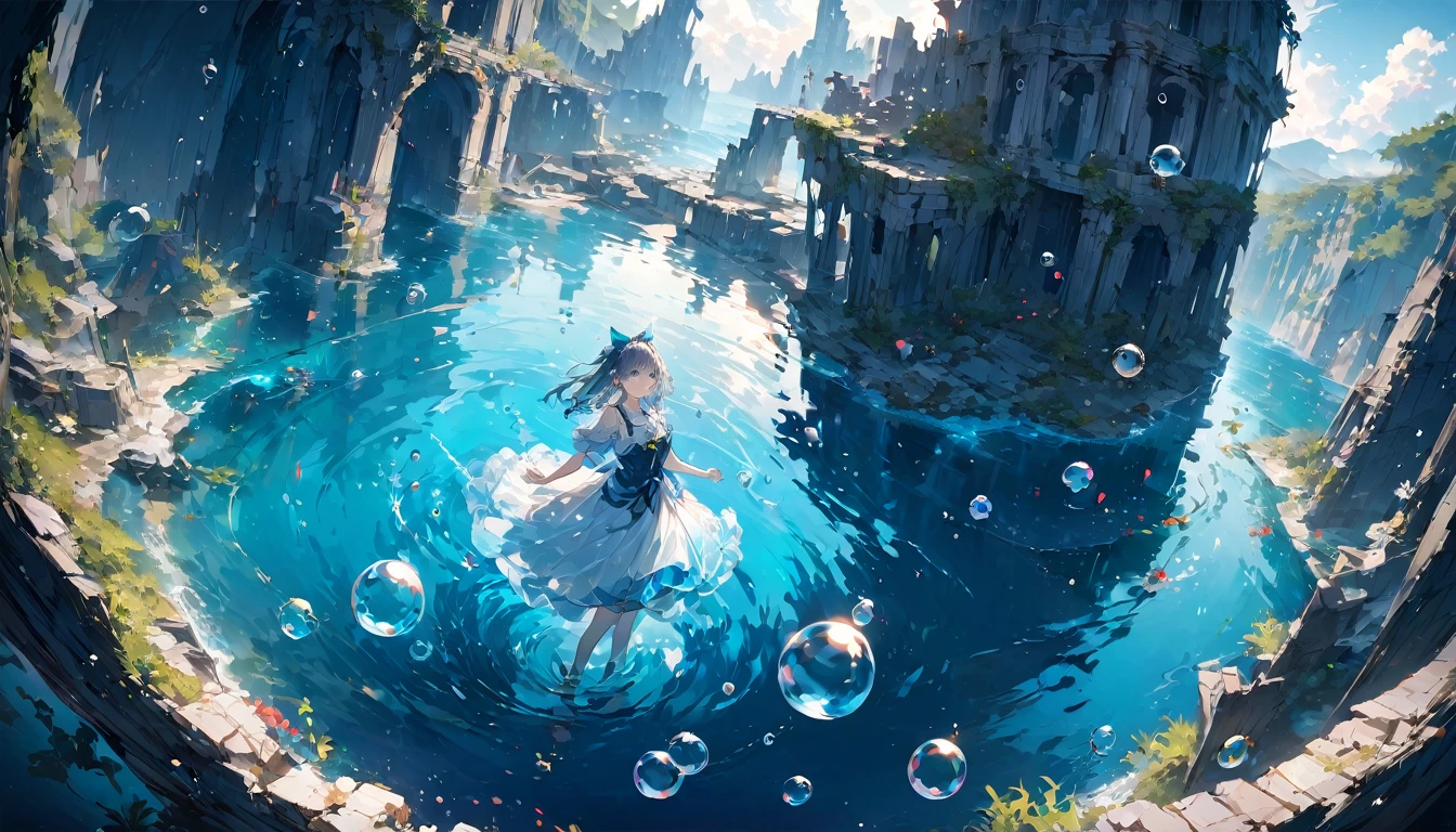 ((Ridiculous)),超high resolution, Attention to detail, high quality, high resolution, 最high quality, 4K, 8K、Sunken ruins、Girl in the water、There are bubbles around、Deep blue world、comprehensive, Deep blue toned artwork