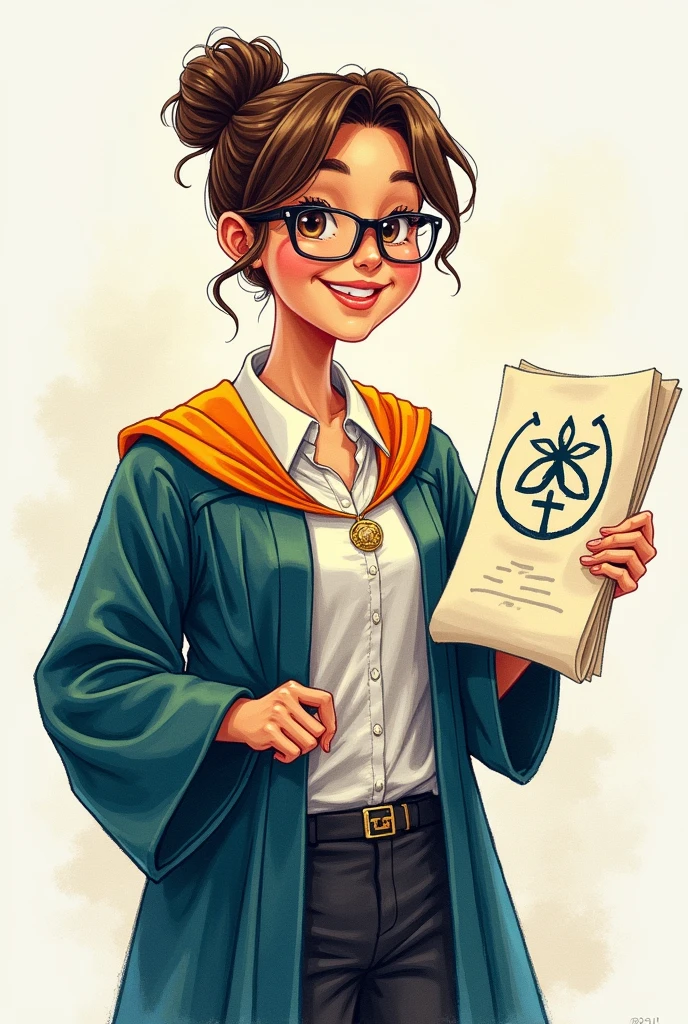 A teacher in training, excited about your degree, highlight the biological sciences symbol on the diploma. In the form of a human drawing, with training gown and glasses