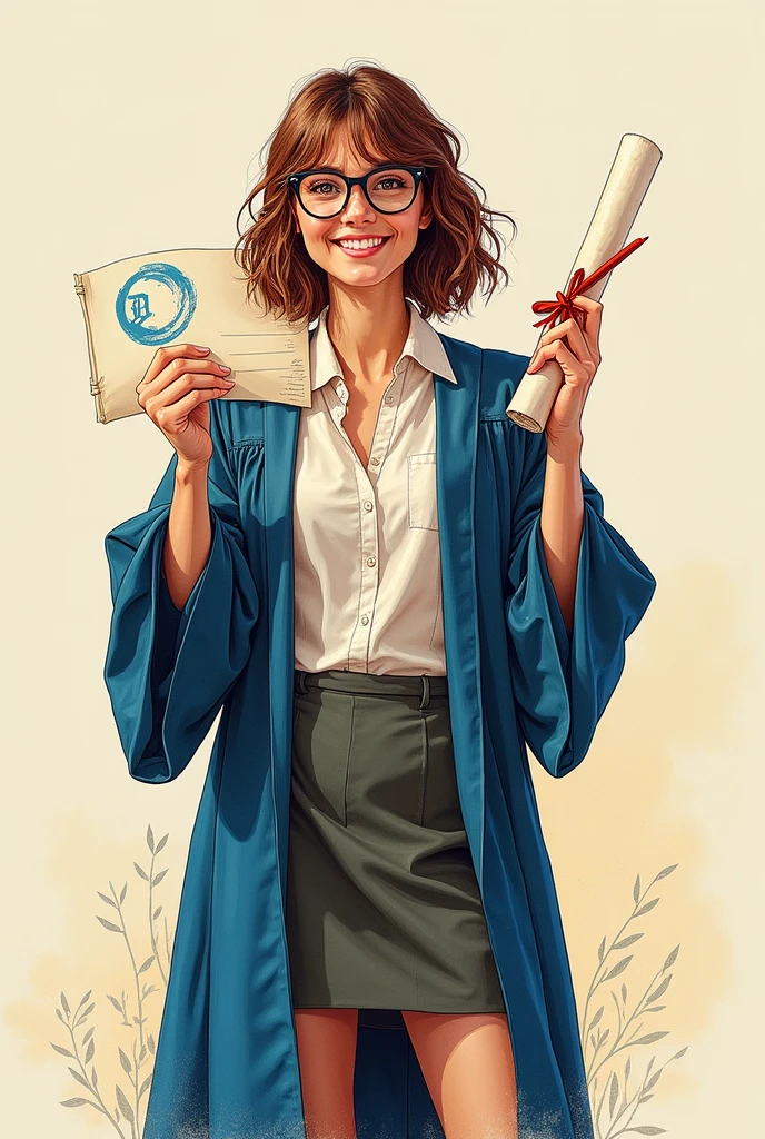 A teacher in training, excited about your degree, highlight the biological sciences symbol on the diploma. In the form of a human drawing, with training gown and glasses