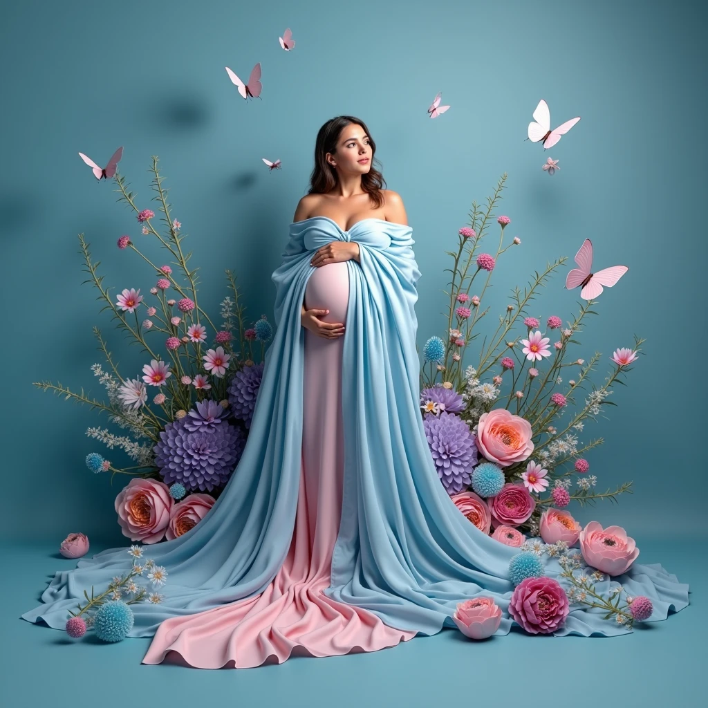 pregnant woman in a blue gown surrounded by flowers and butterflies, a colorized photo by Elena Guro, trending on cg society, conceptual art, blue and pink colors, blue and pink color scheme, blue and pink, maternal photography 4 k, pastel blues and pinks, pink and blue colors, pink and blue colour, blue and pink colour splash, pink and blue