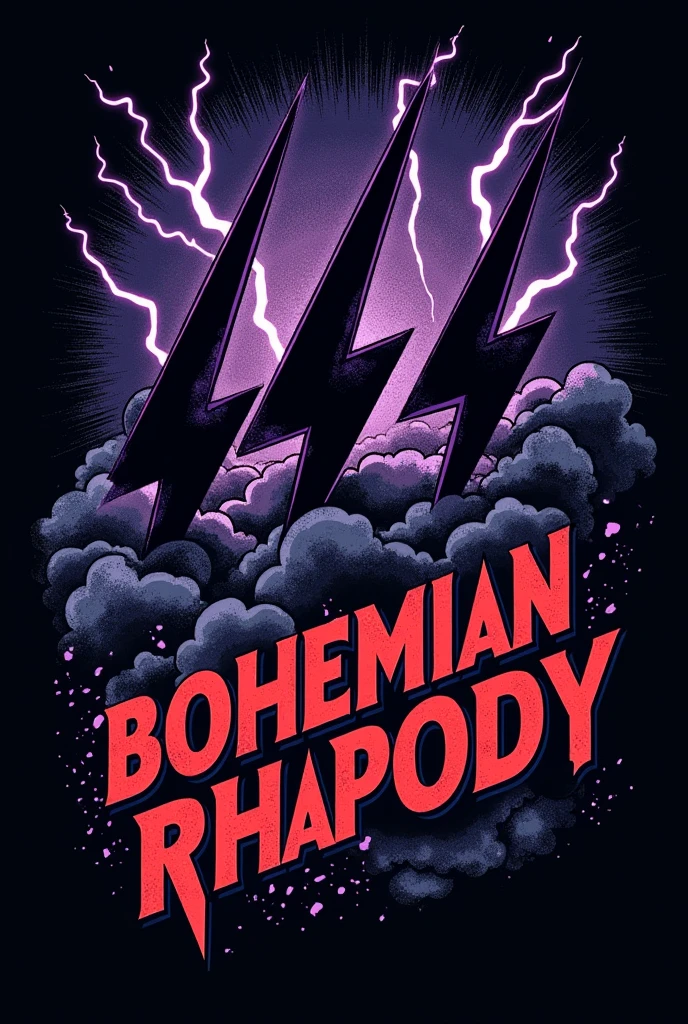 T-shirt with black background image print with gray clouds and 3 thick dark purple lightning bolts in comic book comic art style with "Bohemian Rhapsody" written in red