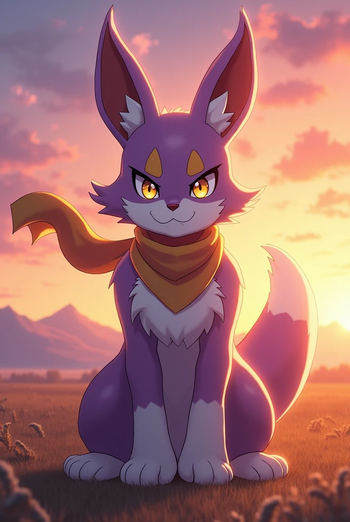 Slightly realistic anime style. Renamon standing upright, looking complete with a striking pose, looking straight ahead, with a confident and mocking expression on his face. His fur is true to the character, with a soft anime texture that reflects her style and fur. Her big, striking eyes show her confidence and happiness., and his soft ears faithful to the character and that are erect. The light surrounding her from the right highlights her athletic and striking figure., while her purple gloves and her scarf uncovered flutter slightly. The scene has a sunset with mountain backgrounds so that Renamon is in a free place