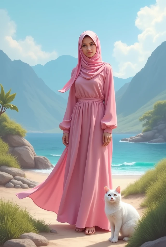 Wanita cantik berhijab sampai dada
Di pantai dan pegunungan 
Gaun pink panjang
Bersama kucing putih
Langit biru
Wajahnya kelihatan