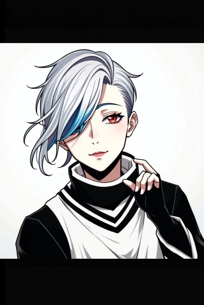 medium hair, red eyes and cyan hair and covering the eyes and man