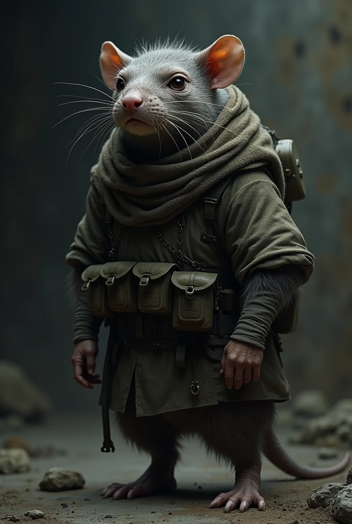 Soldier rat, who has seen many things which makes her someone very conscious and insensitive, So she's an amazing soldier without being too flashy., and is found with a serious expression, in a dark and lonely environment