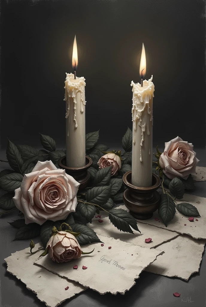 image of extinguished candles, withered roses and torn letters