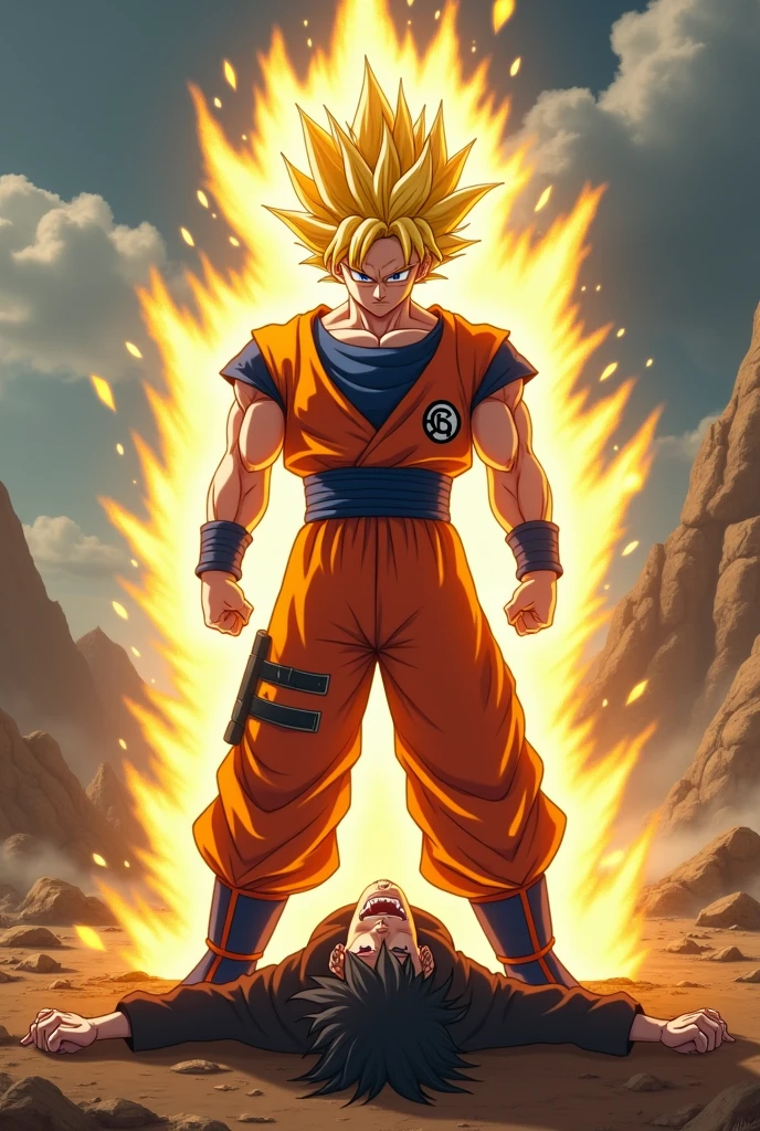 Super Saiyan Goku with defeated Naruto on the ground