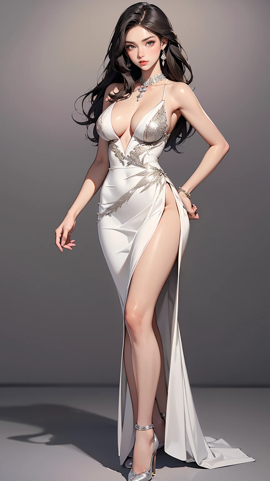 ((best quality,4k,highres,masterpiece:1.2)),((character concept art)), 1 female, Spanish, age 29, (((tan skin color, dark brunette hair))), and the body of a seductive flamenco dancer (busty, slim fit curvaceous body). She is ((wearing a sparkling silver flamenco-inspired dress with a fitted bodice, plunging neckline, cinched waist, and a voluminous skirt)). The dress is made from luxurious satin, embroidered with delicate lace, adorned with Swarovski crystals, and completed with a long, dramatic train. The back dips down to a low V, adding allure, and a high leg slit enhances the overall sensuality of the ensemble. She pairs the dress with Christian Louboutin high heels. Her gaze is intense and alluring, reflecting her captivating personality and intriguing background, (standing gracefully), (full body showcase), (show full body), (no logos on background), (no logo), ((plain background)), ((plain background)), (((empty background))).