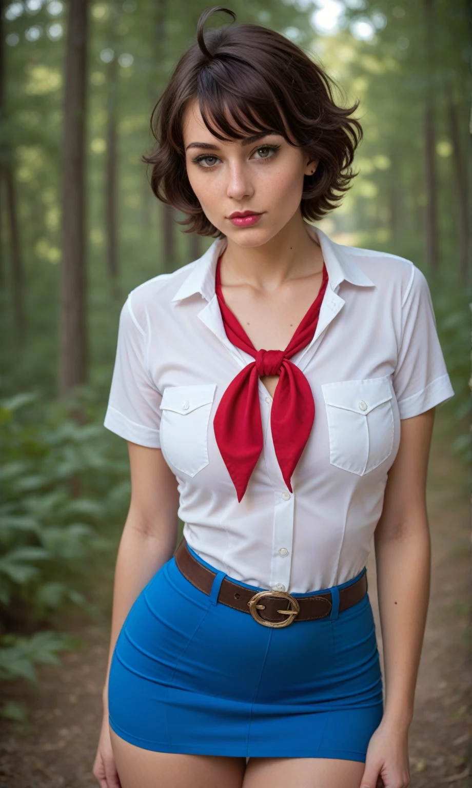 detailed eyes, (full body shot:1.2), 8k, (skinny body:1.2), curvy, (hands behind her back:1.2), seductive pose, looking at viewer, 8k vector photography, young , beautiful eyes, realistic lighting, detailed outfit, realistic facial features, hyper detail, (perfect angle, focus on face hips and breastegane), (very short hair:1.3), short disheveled hair, ahoge, huge chest, pioneer neckerchief, micro blue tight skirt, bangs, shirt, collarbone, very tight white shirt, short sleeves, collared shirt, belt, eyelashes, red neckerchief, breast pocket, face, realistic eyes, better face, summer morning forest