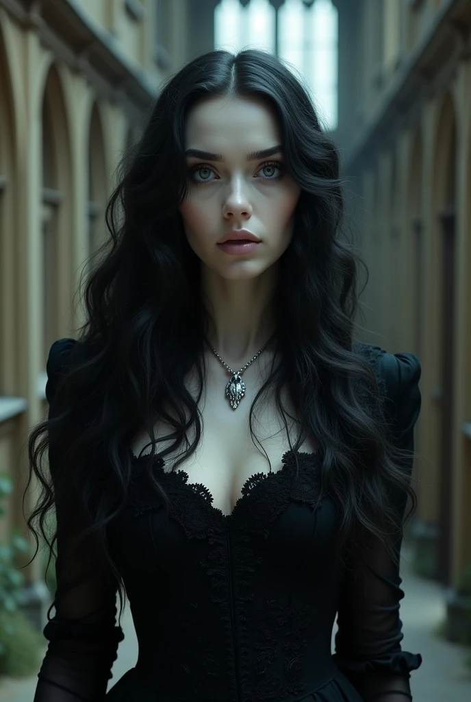 Create a , aparentemente . she's pale, her eyes are gray and her hair is black and wavy. She wears a black, antique dress, wears a small silver crow-shaped necklace, and has a dark aura. THE SETTING IS HOGWARTS.