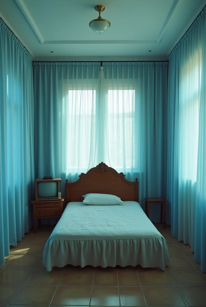 Please draw a realistic room measuring 3 meters by 3 meters.
On each wall, place exactly three sky-blue curtains, all of the same size. The curtains should be perfectly organized and closed, completely covering the walls behind them. There should be no windows or other details on the walls, only the three curtains on each wall.
In one corner of the room, place a simple bed with an antique wooden headboard. The headboard should be against the back wall, and the left side of the bed should be against the left wall.
On the wall directly in front of the bed, place a rack with six drawers, positioned horizontally in the middle of the wall. On top of the rack, place an old tube television.
The floor should be made of old, brownish tiles.
Do not add any details other than those described. Be precise with the quantities and placements specified: exactly three curtains on each wall, no windows, and no additional items.