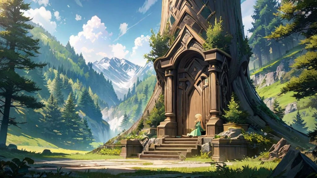  anime aestetics, anime scenery, green forest, throne made of wood, elf woman sitting on the throne, beautiful slim face, elven ears, long blonde hair, braid haircut, beautiful bright green dress, wearing golden tiara, bright day, landscape scenery, oak trees and pine trees on the background, wide shot, view from left, atmospheric perspective,4k, best quality, super detailed, (masterpiece: 1.5), 16k