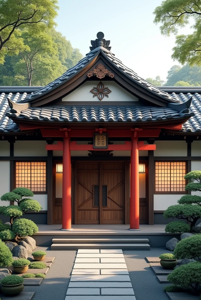 Imagine a Japanese-style house surrounded by serene natural beauty. The house is a perfect example of traditional Japanese design, featuring a sloped roof made of black ceramic tiles, neatly arranged with curved edges. Each tile has a slightly uneven surface, giving a natural and authentic feel. At the edge of the roof, there are small wooden ornaments shaped like lotus flowers, enhancing the aesthetic.
In front of the house, there is a small wooden torii gate painted a bright red, with intricate carvings on each post. The gate's beams are adorned with traditional motifs such as clouds and waves. Beneath the gate, a path made of black andesite stones is laid out in a symmetrical pattern.
The house itself has white cream wooden walls, with each panel decorated with intricate carvings depicting cherry blossom and pine tree motifs. The windows use shoji screens, which are sliding panels made from lightweight wooden frames with rice paper, diffusing the incoming light and creating a soft glow inside. Each shoji screen has a finely polished wooden frame and small round metal handles.
The main door of the house, known as the genkan, is made of dark mahogany wood with geometric carvings at the top. Beside the door, there are two white paper lanterns hanging from delicate silk cords. In front of the door, there is a tatami area covered with traditional tatami mats, emitting the characteristic aroma of straw and woven grass.
On the left side of the house, there is a Japanese garden enclosed by a low bamboo fence. The garden features a koi pond with clear water filled with brightly colored koi fish. Large stones are carefully arranged around the pond as seating areas. Surrounding the pond are bonsai trees in ceramic pots decorated with floral patterns, and moss-covered ground adding a soft green hue.
At the back of the house, there is a Zen garden with fine white sand raked into symmetrical wave patterns using a wooden rake. The garden also includes several large stones