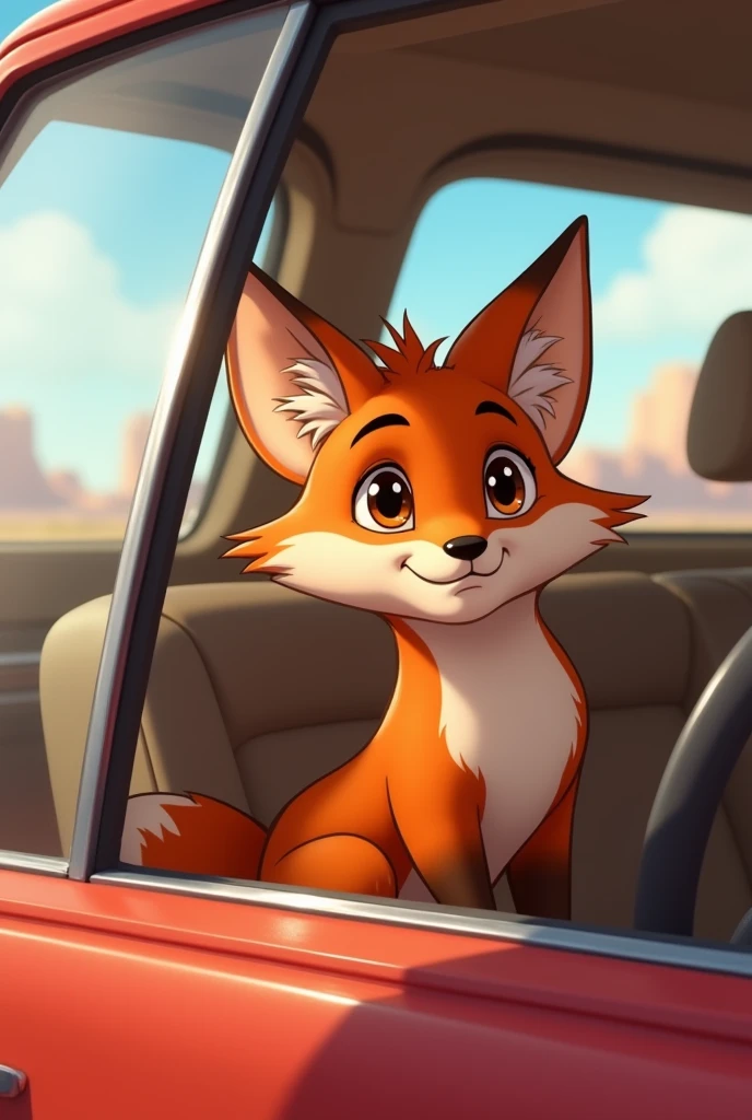 Male young fox as a cartoon character with brown eyes sits in the back of the car and the fox parents sit in the front and drive together on vacation, to see the car from the side