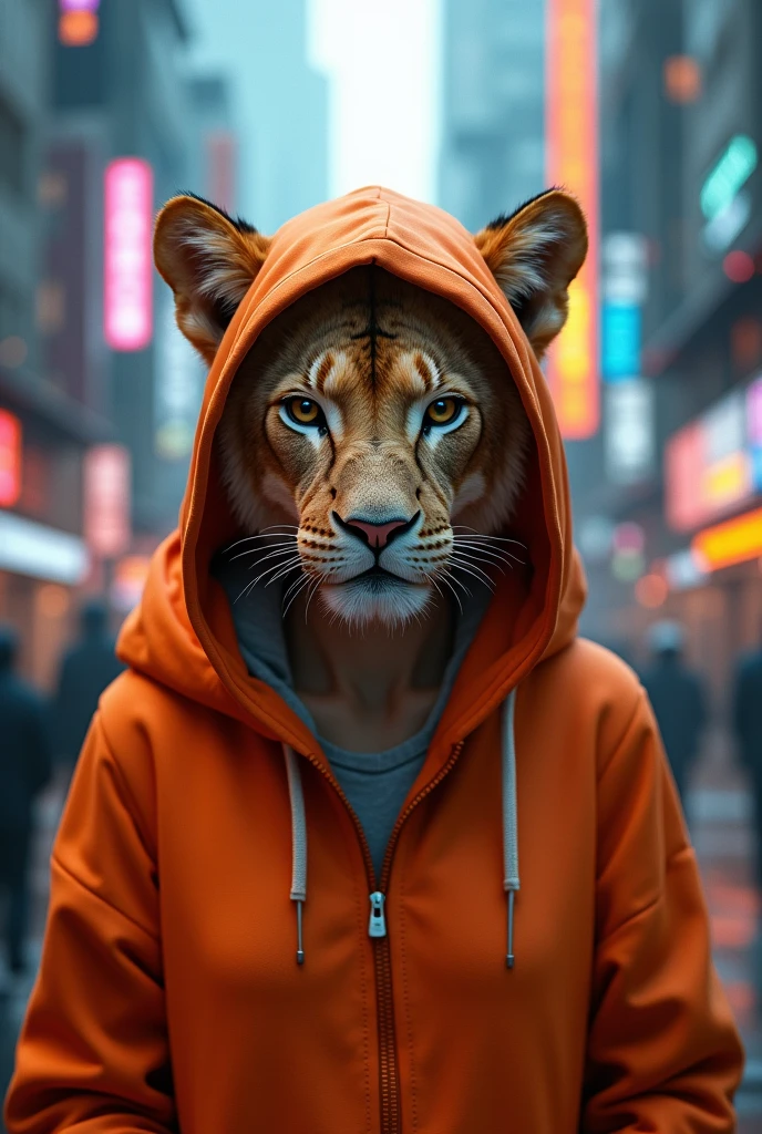 a cartoon female lioness,orange hoodie,cyberpunk background,highly detailed,8k,photorealistic,intricate details,dramatic lighting,neon colors,sci-fi elements,cinematic composition,masterpiece,ultra-detailed,sharp focus,physically-based rendering,vibrant colors,studio lighting