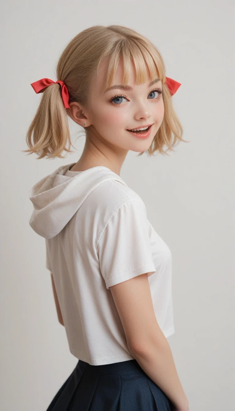 UltrarealismAccuracy, textured leather, Realistic anatomy,similar to Lyvlas 1 girl,girl, Breasts, blushing, short hair, blonde hair, bang, bang на глаза, back view, looks at the viewer, Smile, open mouth, Double tails, hair ribbon, Hood thrown back,anime style