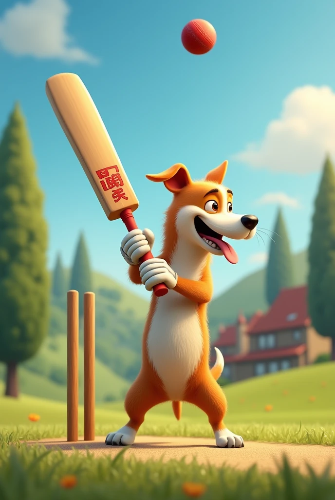 A dog playing cricket hitting a six

