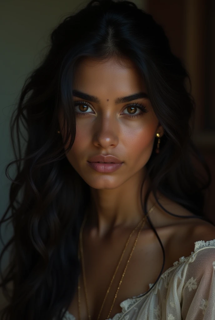 a beautiful mysterious Indian woman, Western fashion, intricate detailed face, piercing eyes, long eyelashes, delicate skin, natural beauty, flowing hair, candid elegant pose, dramatic lighting, cinematic mood, muted color palette, chiaroscuro lighting, high quality, photorealistic, 8k, intricate details, professional rendering