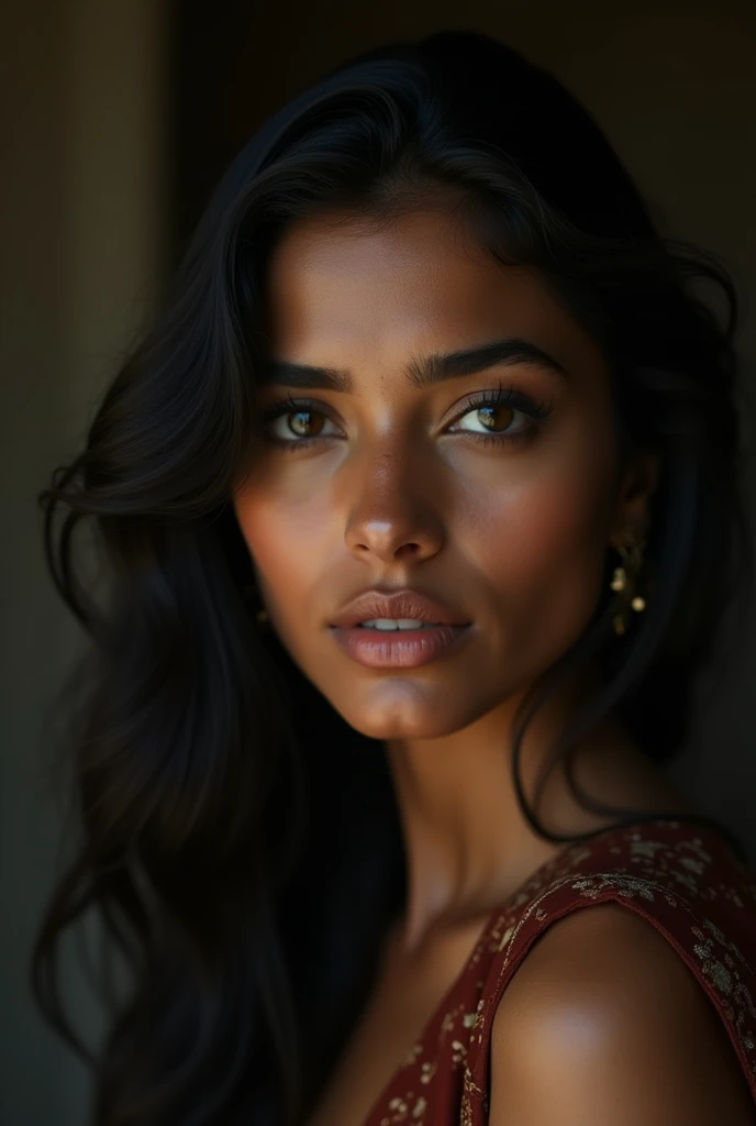 a beautiful mysterious Indian woman, Western fashion, intricate detailed face, piercing eyes, long eyelashes, delicate skin, natural beauty, flowing hair, candid elegant pose, dramatic lighting, cinematic mood, muted color palette, chiaroscuro lighting, high quality, photorealistic, 8k, intricate details, professional rendering