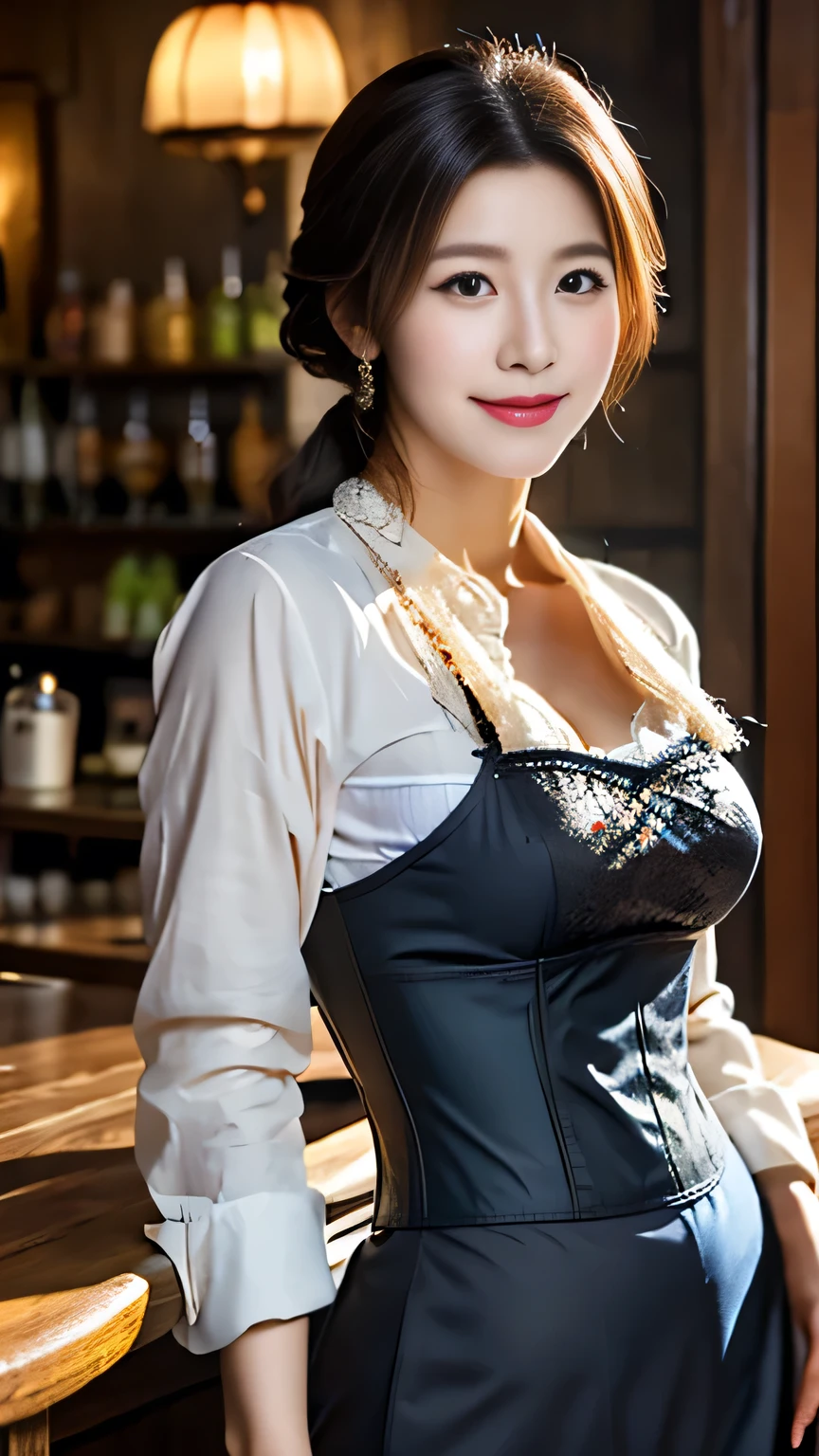 Otherworldly fantasy、waitress、Bar waiter、One Japanese woman、30 years old、Medieval European casual clothing、corset、Cowboy Shot、background:Medieval European Taverns、uhd, anatomically correct, best quality, 8k