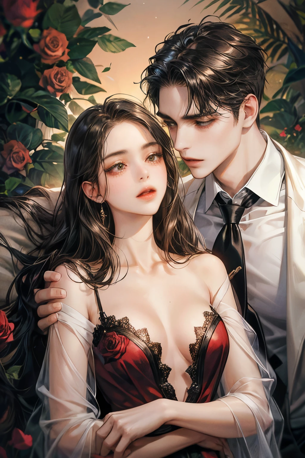 high resolution, Masterpiece, Anatomically correct, best quality, Honored many times, details, detailsสูง, โมเดลhigh resolution, realistic textures, high resolutionสุด, lover ,sleep, rose garden, Man, black hair, black and white shirt with open chest, Women, black hair, long hair, red dress, sexy, Mouth open, shut your mouth, brown eyes, Rose background