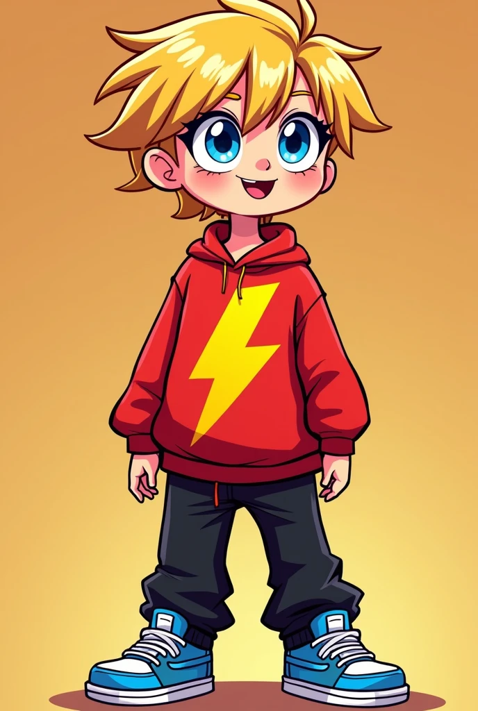 drawing  style: Keep your style simple and colorful, como os de cartoons.

body hair: blond, with a simple and slightly messy format.
eyeballs: Big and blue, expressive, perhaps with a slight glow to bring the character to life.
badass clothing: Red sweatshirt with a large yellow lightning bolt in the center of the chest. The sleeve is long, covering almost the entire length of the arms.
pants: black, with a straight and simple cut.
shoes: Blue sneakers with white details Teenager
