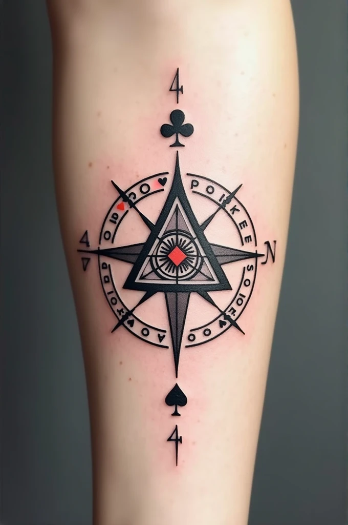 "tattoo design: In the middle, an equilateral triangle with three lines coming out from each vertex, forming a three-pointed star (Supernatural anti-possession symbol). Surrounding the triangle, A stylized compass with poker signs (hearts, diamonds, clubs and spades) as cardinal points. The number 4 is integrated into the design, possibly at the bottom or top of the compass. The style of the tattoo is minimalist and elegant, with clean lines and subtle details. The colors are mainly black and gray, with possible touches of red or blue to highlight details.