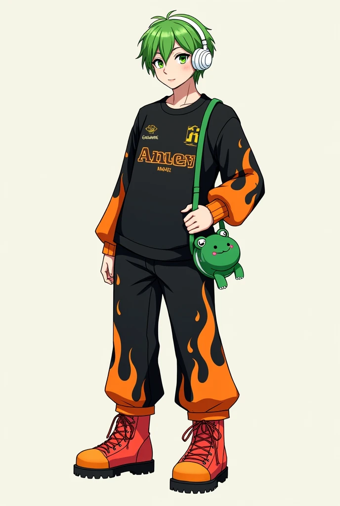 male character, with green hair, green eyes, white headphones with stars, a kawaii green frog bag , black shirt with fire pattern, black pants with fire pattern, orange and red boots, and be an adult.