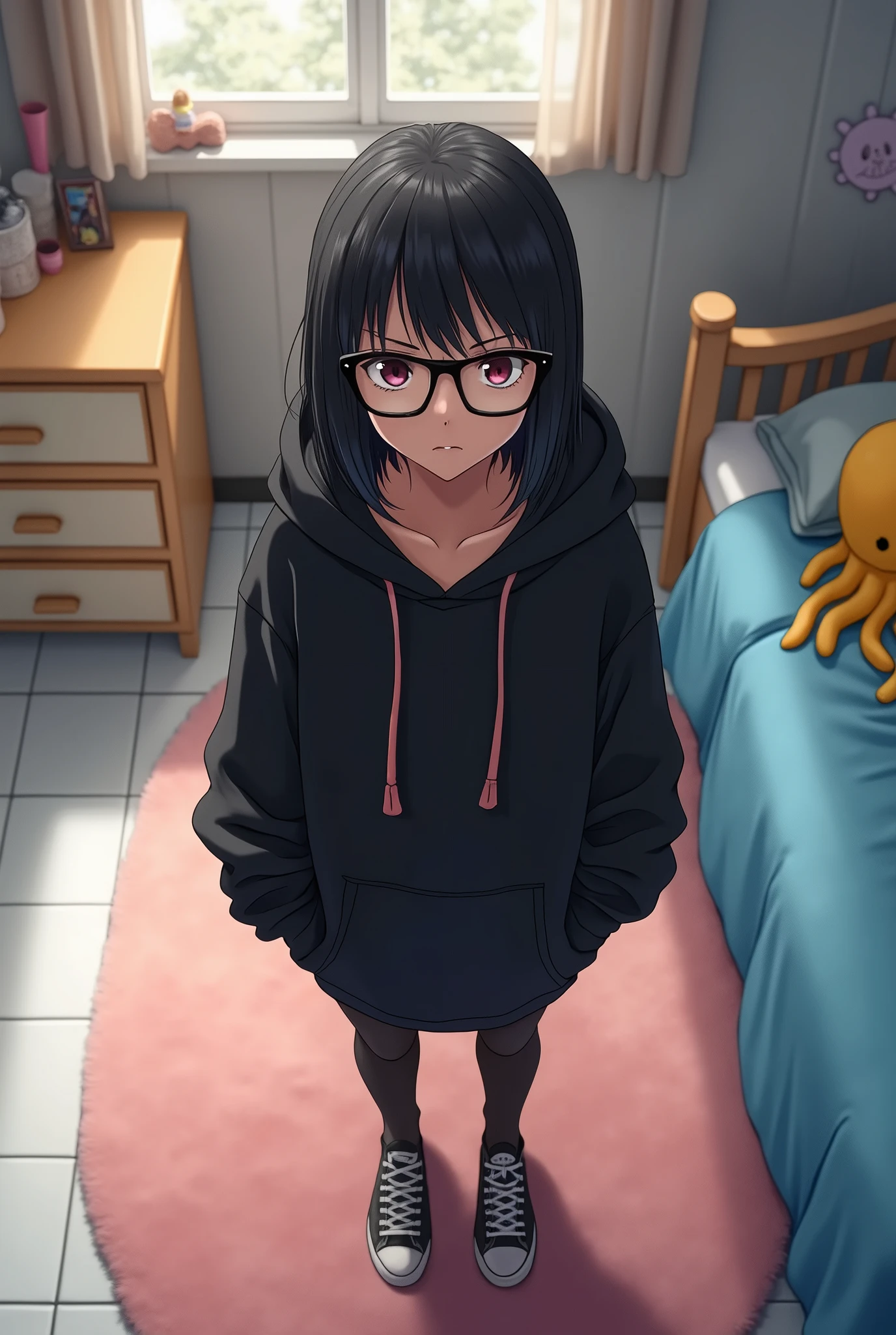 Kittana Tsundere Face Camera Fearless, en Tenue OverSize Noir Velour Peau de Pèche et un Hoodie Gris Tracite, Qui Cherche ces Lunettes. View OverSize. Un Chambre Sol Blanc Carrelage tapis Rose Pillow Commode Beige Crème Un Lit Bleu Peluche Poulpe Jaune. Security Camera View.