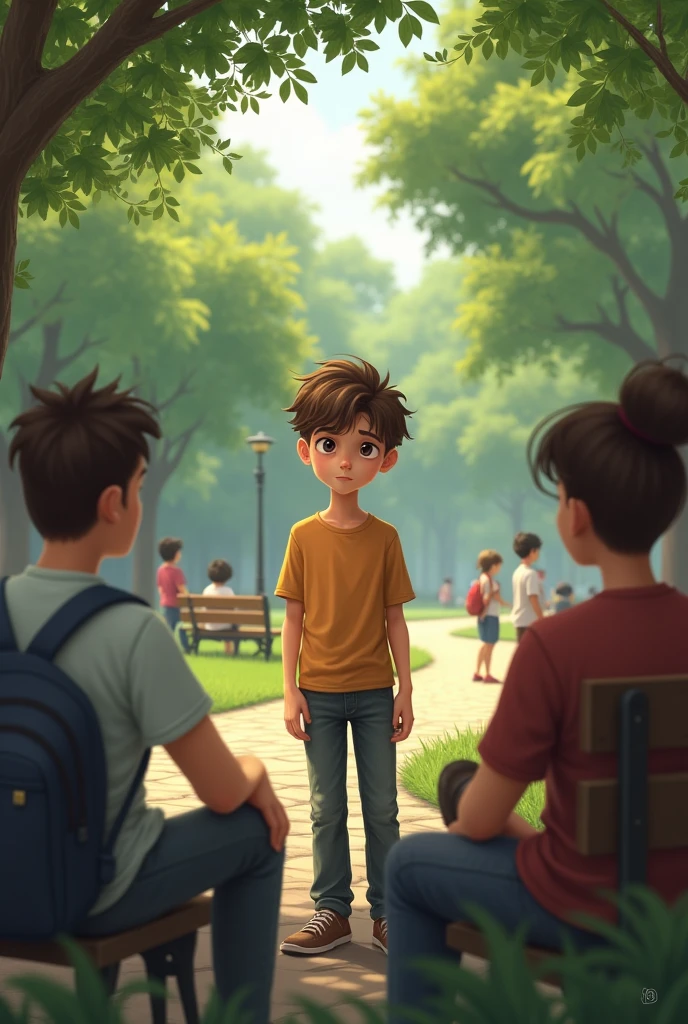 Worried boy talking to people in a park