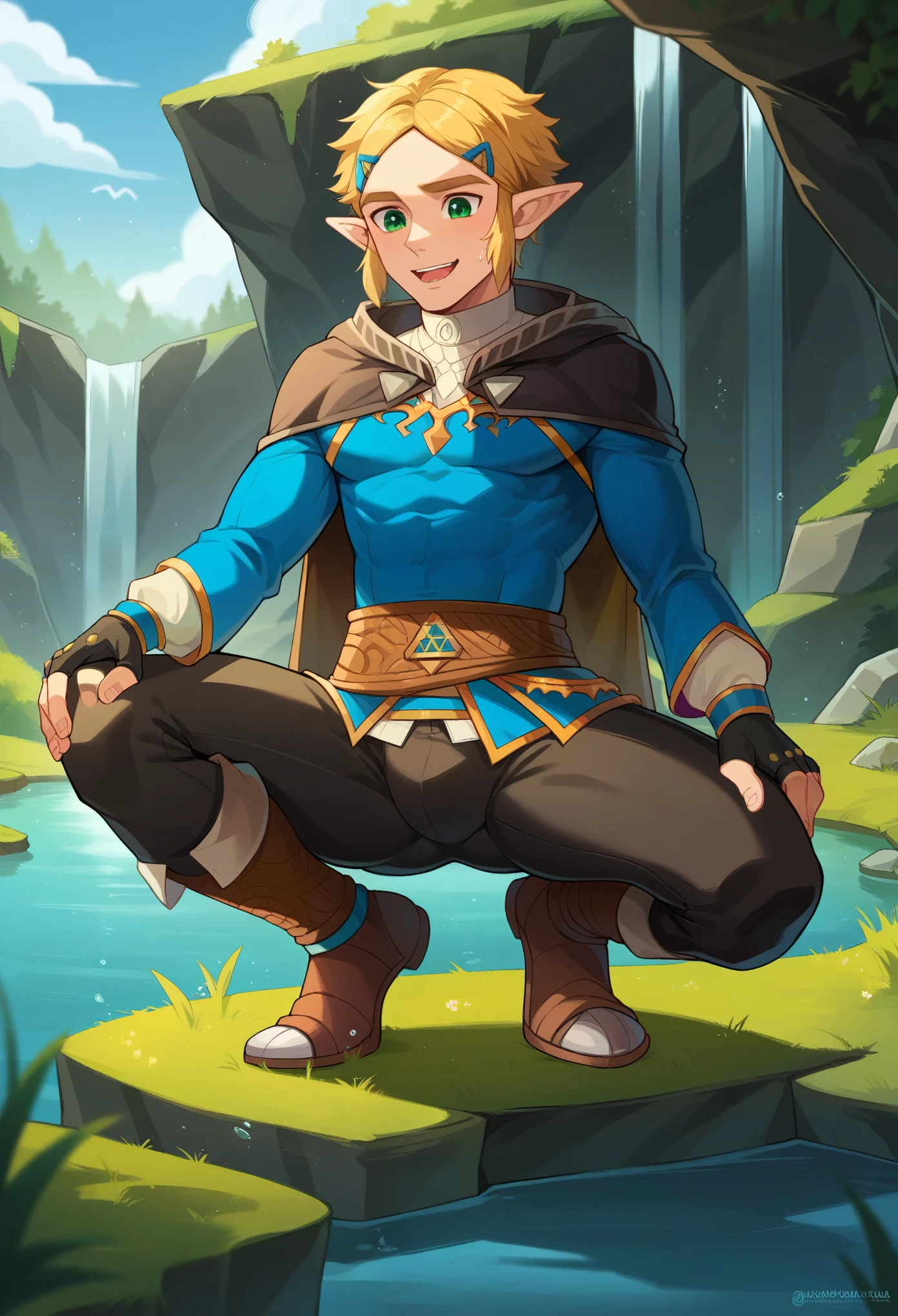 score_9, score_8_up, score_7_up, 1boy, solo, male focus, ZeldaSDXL, princess zelda, short hair, bangs, parted bangs, blonde hair, green eyes,pointy ears, black capelet, blue shirt, y sleeves, long sleeves, fingerless gloves, black gloves, black pants, tight pants, happy, crouching, hands inside water, in front of the lake, looking down, inside a cave, lake, shining water
