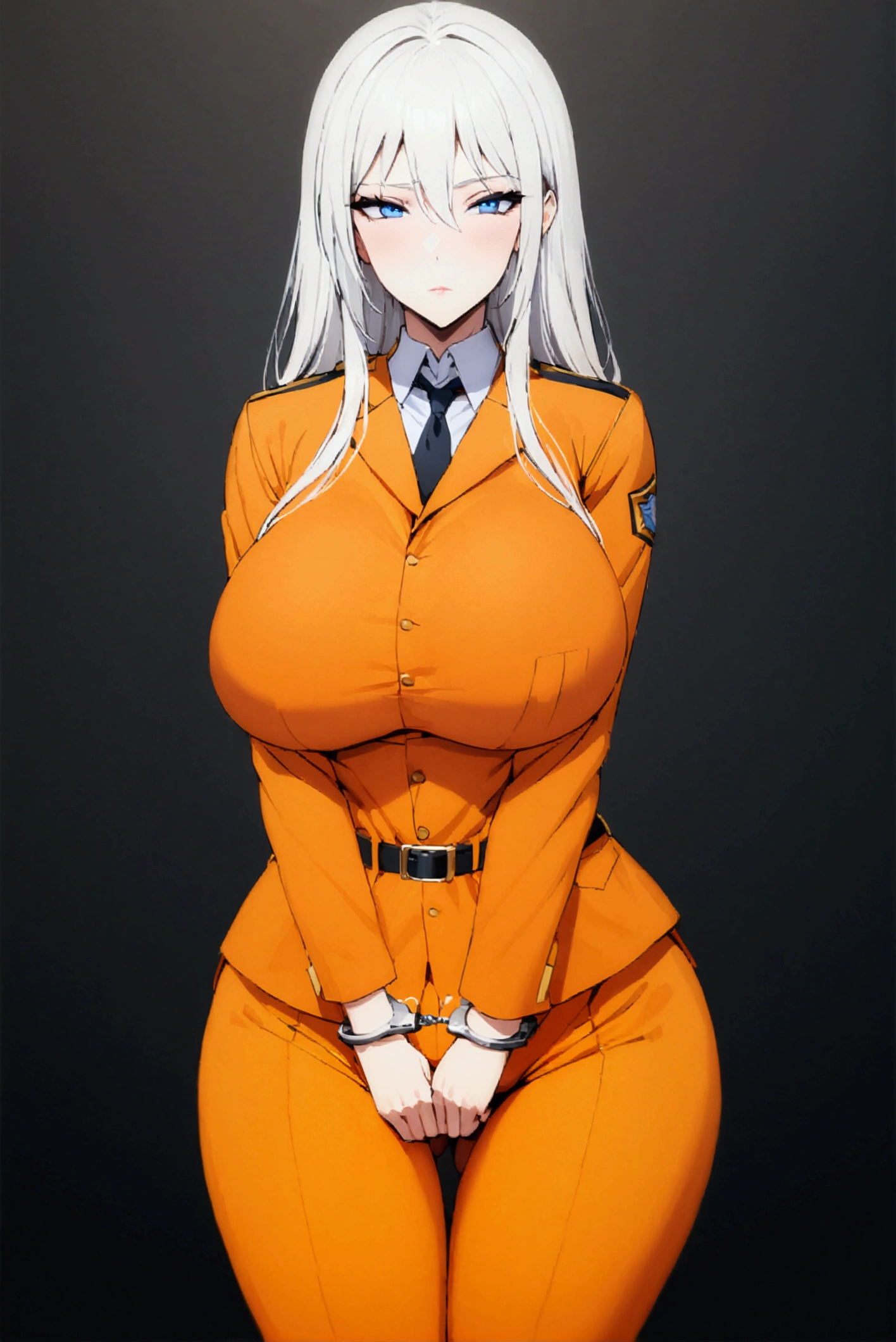 ,orange jumpsuit, uniform, orange pants,Waist Chain, Hands tucked in between thighs, arms tucked in between thighs, Handcuffs, big breasts, long white hair, blue eyes, milf