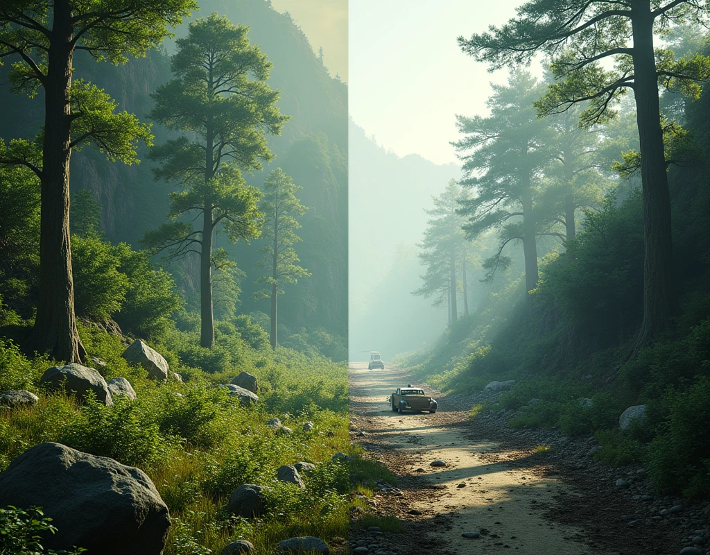 Split in half. Left side showing a green forest world. Right side a deserted and desolate post atomic grey world. A central blurred line unites the two worlds. [realistic style, photo, photorealistic, high detail, (sharp), (photorealism:1.2), (photo:1.2)]