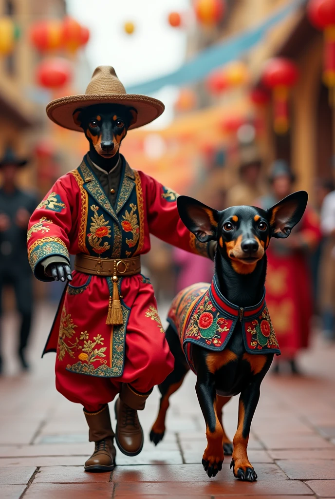 Black dachshund in china clothes, China is the partner of the Chilean huaso in the folkloric dances of festivities in the month of September