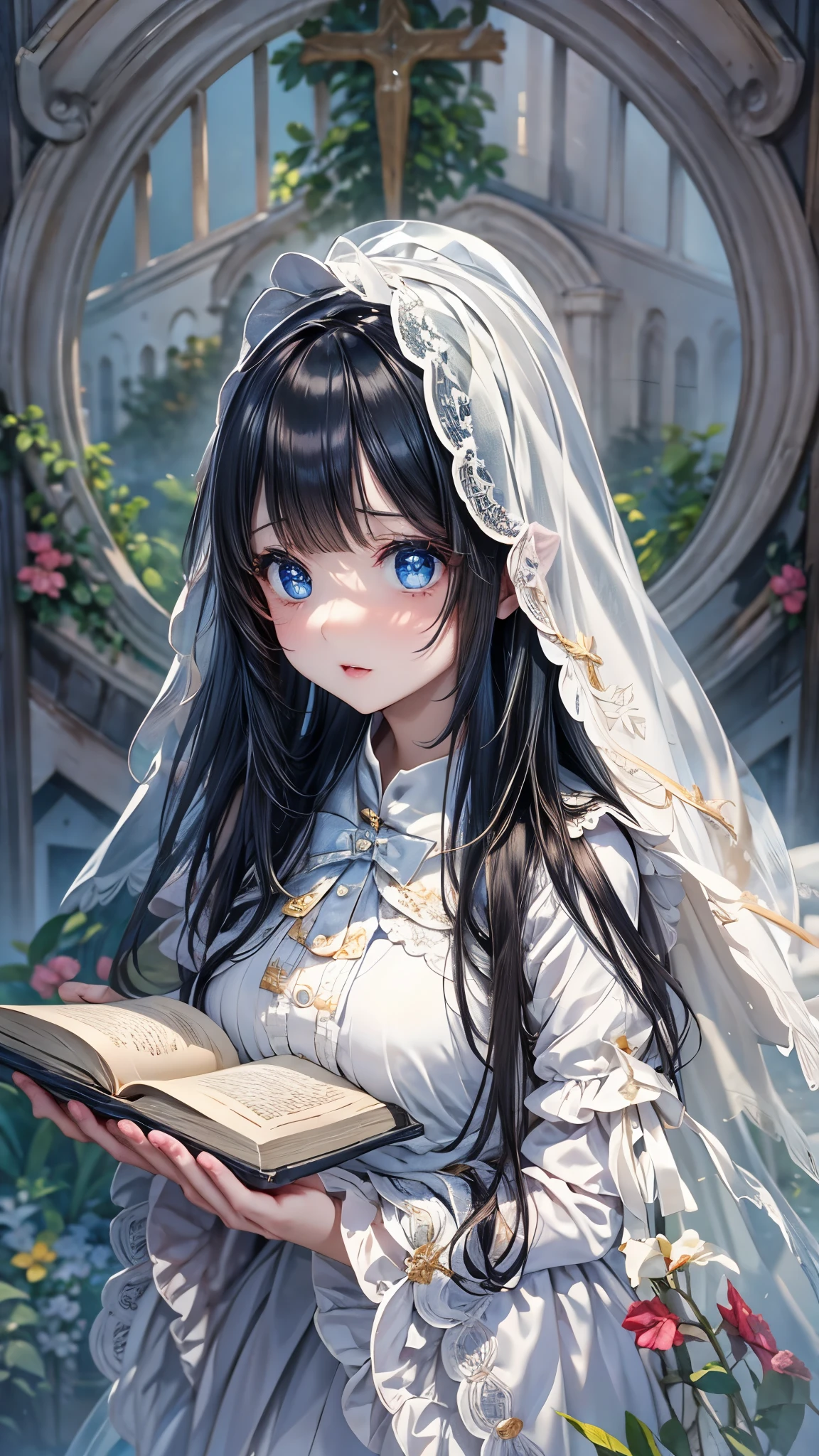 Very detailed、Many details、Accurate Fingers、Exact number of arms、high resolution、Ghost Girl、Standing with a thick book、White embroidered veil、White long sleeve frilly dress、There is a slit on the thigh、Large Breasts、Blue dark eyes、Big eyes、A captivating expression、barefoot、cute、Black Hair、A fragile face peering at me、beautiful、Abandoned Church、Western cemeteries