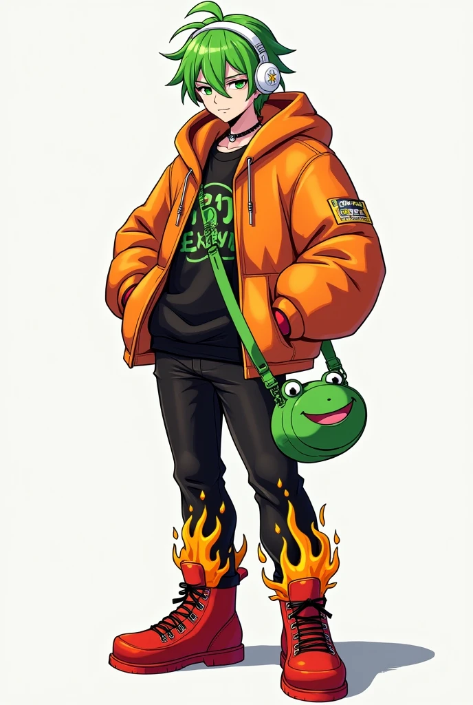 male character, with green hair, green eyes, white headphones with stars, a kawaii green frog bag , black shirt with fire pattern, black pants with fire pattern, orange and red boots, and be an adult.