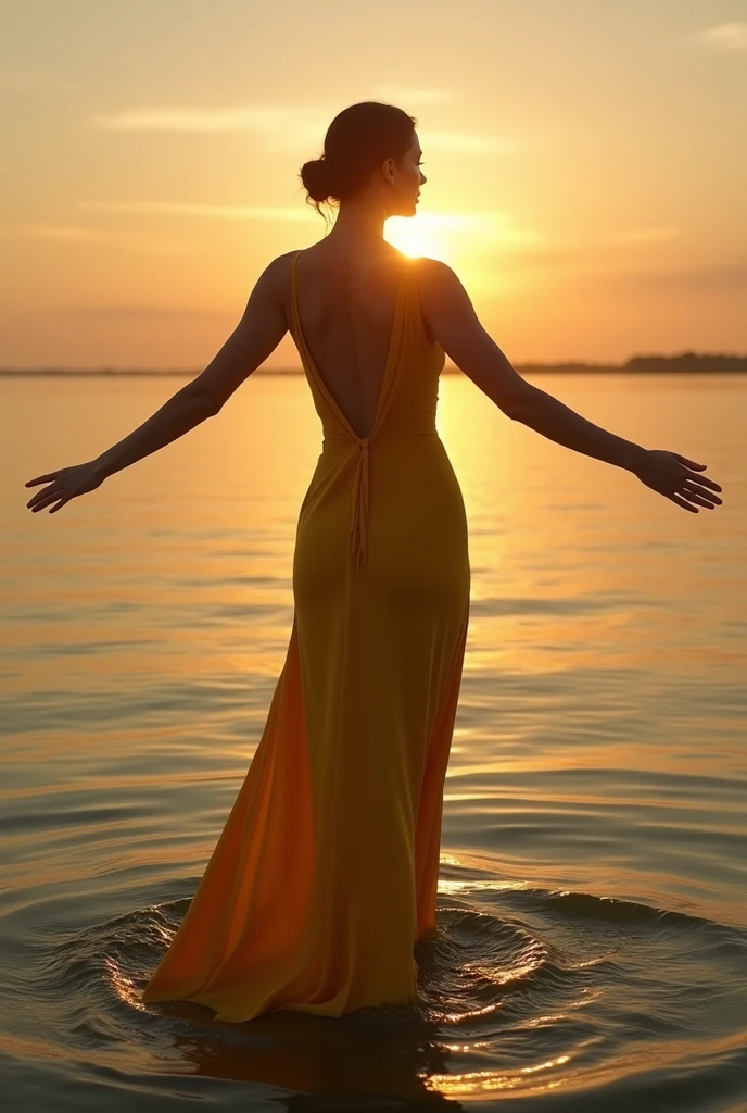 A perfect shot of a woman in a long yellow dress, coming out of the water, View from the lake bottom, Watching the setting sun with arms elegantly outstretched, She closed her eyes, Her lips were closed and her legs were stretched out. Her hands are spread out to the sides.. perfect face, perfect hands, ultra-realistic, perfect style, epic, realistic, CinemaScope, No nudity, Transparent clothing is prohibited.,With your back to the camera