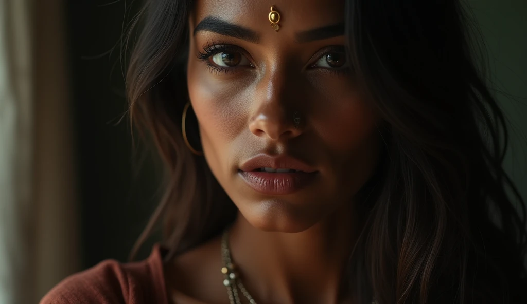 a beautiful mysterious Indian woman, Western fashion, intricate detailed face, piercing eyes, long eyelashes, delicate skin, natural beauty, flowing hair, candid elegant pose, dramatic lighting, cinematic mood, muted color palette, chiaroscuro lighting, high quality, photorealistic, 8k, intricate details, professional rendering