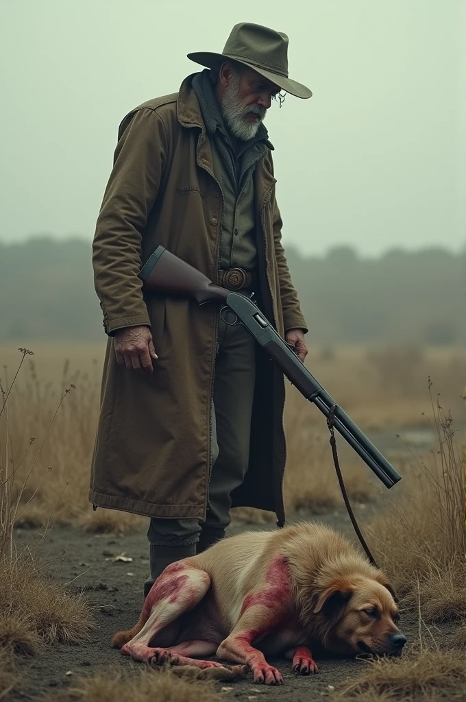 A man decides to kill his dog that is almost dying, hairless and bloodstained, with his shotgun