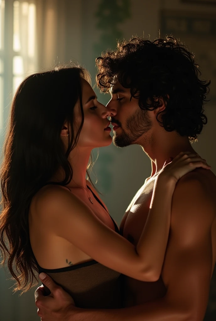 Create a photo of actress Margaret Qualley kissing actor Aaron Taylor Johnson