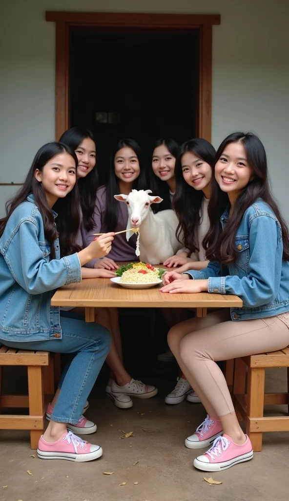 7 Beautiful Indonesian Women, his body is quite fat, fair skin, big nose, long wavy hair, wearing a denim jacket, long pants, wearing pink sneakers, sit down, eating position, on the table there is a plate of noodles and there is a goat standing on the table , happy faces all facing the camera, in front of the country house, morning mood, minimal defects, very detail, realistic, 8K picture