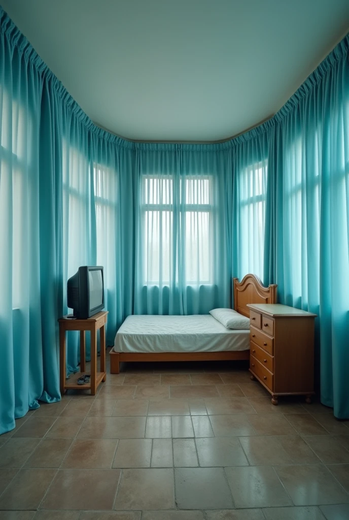Please draw a realistic room measuring 3 meters by 3 meters.
On each wall, place exactly three sky-blue curtains, all of the same size. The curtains should be perfectly organized and closed, completely covering the walls behind them. There should be no windows or other details on the walls, only the three curtains on each wall.
In one corner of the room, place a simple bed with an antique wooden headboard. The headboard should be against the back wall, and the left side of the bed should be against the left wall.
On the wall directly in front of the bed, place a rack with six drawers, positioned horizontally in the middle of the wall. On top of the rack, place an old tube television.
The floor should be made of old, brownish tiles.
Do not add any details other than those described. Be precise with the quantities and placements specified: exactly three curtains on each wall, no windows, and no additional items.