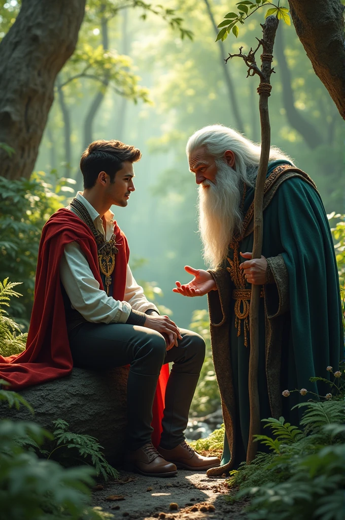 Give me a picture of a handsome prince sitting in the forest with a wizard chatting 